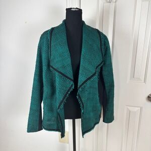 Lane Bryant Womens 14/16 Teal Black Tweed Mixed Media Open Front Cardigan Jacket